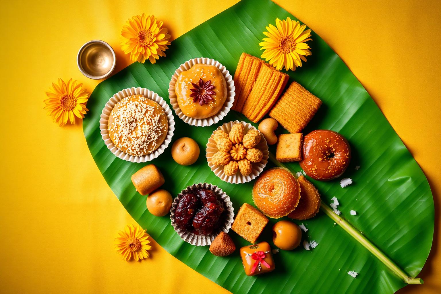 Assorted homemade Sankranti sweets on a banana leaf